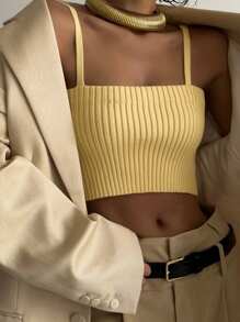 DAZY Women Solid Fitted Ribbed Knit Crop Top Y2k - Yellow - View 8