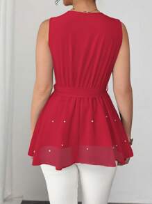Elenzga Blusa elegante francese con scollo a V incrociato, senza maniche, vita stretta, in tessuto trasparente a rete con decorazione in perle, con fondo ampio e svasato