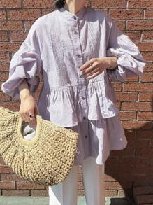 FRIFUL Women's Oversize Ruched Layered Ruffled Puff Sleeve Loose Solid Color City Casual Spring/Summer Long Shirt,Fall Clothes Long Sleeve Top Vacation - Mauve Purple - View 7