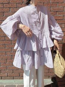 FRIFUL Women's Oversize Ruched Layered Ruffled Puff Sleeve Loose Solid Color City Casual Spring/Summer Long Shirt,Fall Clothes Long Sleeve Top Vacation - Mauve Purple - View 5