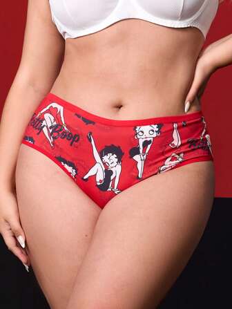 Betty Boop x SHEIN Fashionabla mjuka tecknade porträtt- och läpptrycksbyxor i plusstorlek
