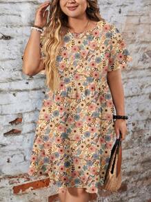 EMERY ROSE 母亲节休闲宽松碎花圆领短袖大码连衣裙，适合春夏季度假 - 彩色 - 查看 6