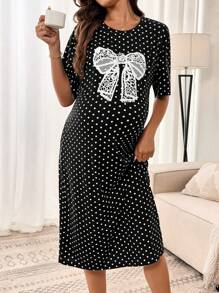 SHEIN Black And White Polka Dot Maternity Midi Dress With Lace Bow Detail And Short Sleeves - Black and White - View 4