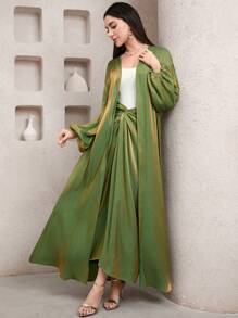 Veilorie 2 件套：金属线花卉印花透明和服，配金属丝带饰边，内配金属腰带和 A 字形吊带裙，朦胧蓝色 - 綠色 - 查看 2