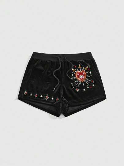 Goth Plus Size Gothic Velvet Pants With Heart And Star Embroidery, Rhinestone Decor