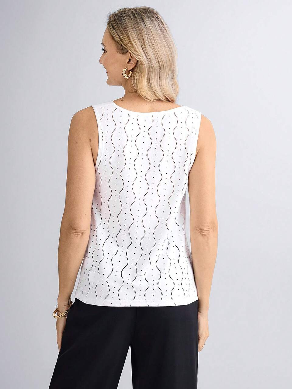 Women's Casual Sleeveless Draped Neck Tank Top, White Textured Fabric, Spring & Summer