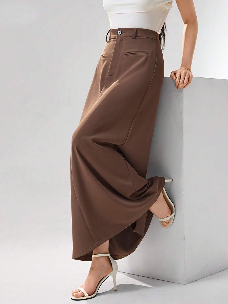Heiryn 女士休闲通勤简约纯色半身裙 - 棕色 - 查看 1