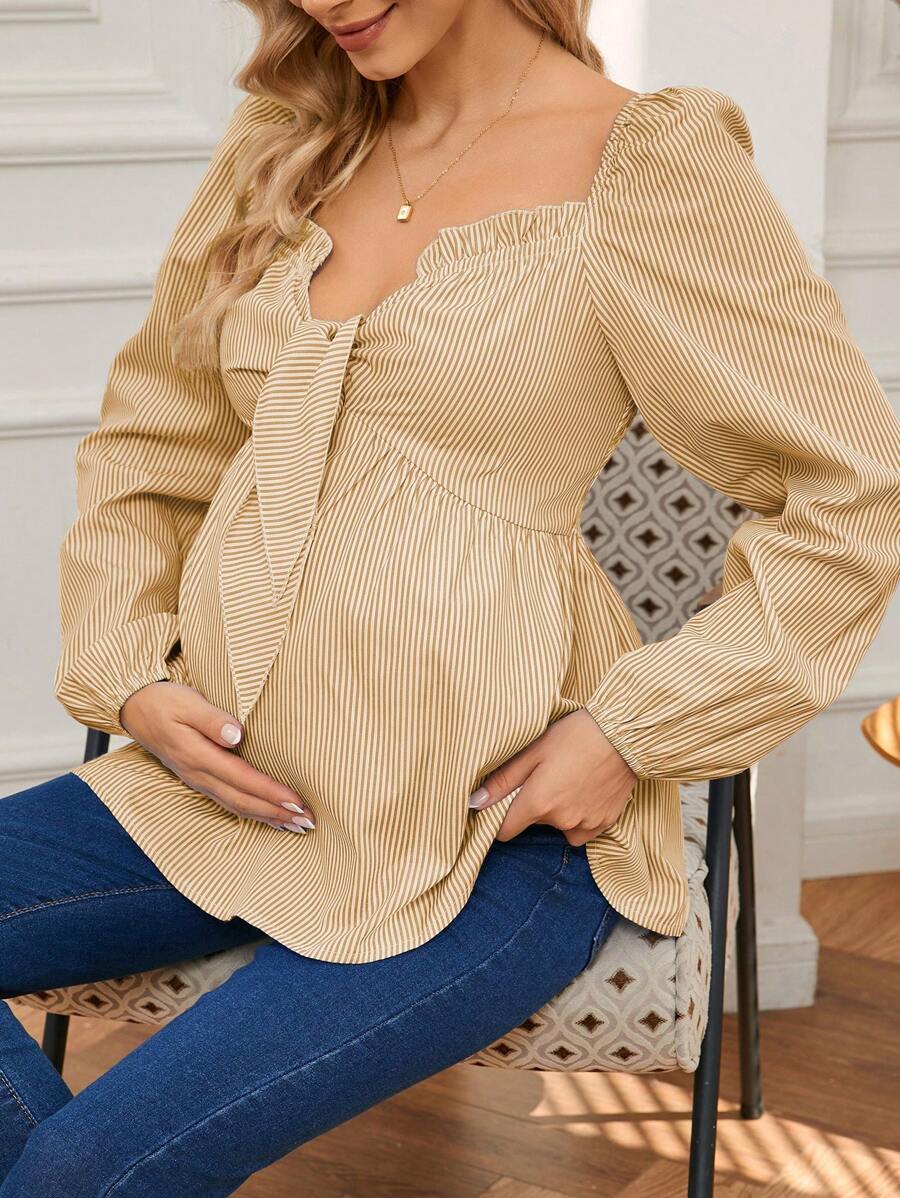 SHEIN Maternity Frill Trim Knot Front Striped Long Sleeve Shirt - Khaki - View 1