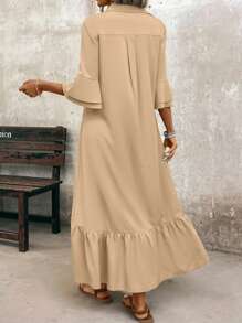 SHEIN LUNE Women's Summer Solid Color Double-Layered Ruffled Sleeve Long Shirt Dress With Ruffled Hem, Casual Maxi Women Outfit - Khaki - View 2