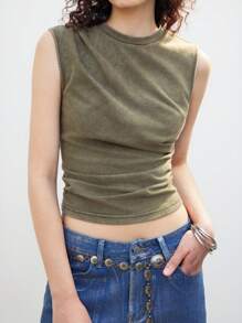 LYSMO Women's Sleeveless Ruffle Hem Fitted Washed Vintage Style Top, Casual Wear - Green - View 3