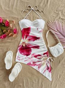 Soleia Vestido mini con escote halter, fruncido y estampado floral, para vacaciones de estilo informal