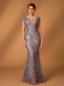Serin Elegante vestido mini ajustado con cola de pez, manga abullonada, cuello en V, contraste gris y rosa, bordado de malla con cuentas, perfecto para cena formal, fiesta, cita, vacaciones, boda, vestido de madre de la novia