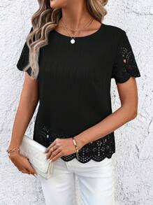 SHEIN Clasi Áo sơ mi Burnout tay ngắn màu trơn thường ngày dành cho nữ, Xuân/Hè - màu đen - Xem 5