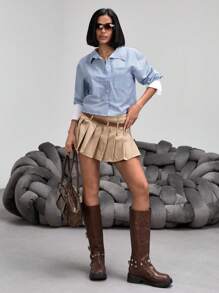 EURMUSE Striped Print Drop Shoulder Pocket Patched Shirt - Blue - View 6