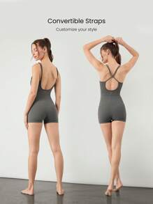 GLOWMODE Body con control de abdomen FeatherFit™, espalda convertible, bolsillos laterales, copas extraíbles, apto para yoga, pilates y uso diario casual, de 2.5" de largo - Gris Oscuro - Ver 2