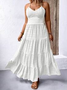 SHEIN Holidaya Vestido de tirantes finos sin mangas con espalda descubierta y dobladillo con volantes de unicolor para Año Nuevo, para vestido largo de Acción de Gracias para mujeres de talla grande