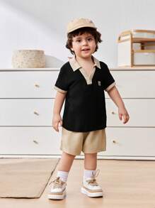 Cozy Pixies 2pcs Baby Boy Set: Ornate Decoration Colorblock Collar Short Sleeve Polo Shirt & Solid Color Elastic Waist Shorts