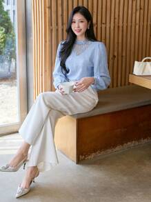 DAZY 女士优雅纯色蕾丝拼布T恤长袖女上衣