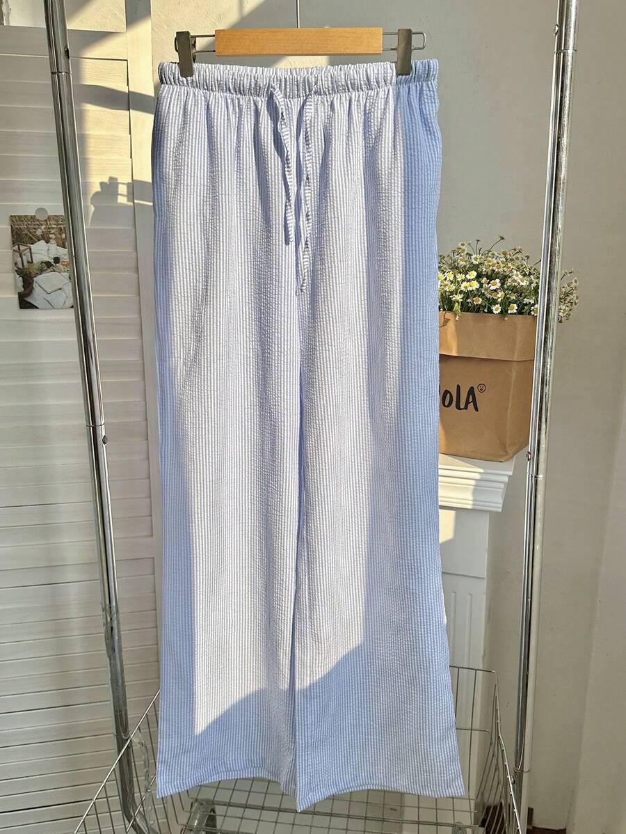 Elamini 蓝白条纹褶皱纹理低腰抽绳系腰侧袋直筒裤，超柔软舒适休闲家居服女士日常下装，夏季 - 藍色 - 查看 1