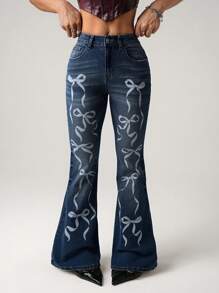 SHEIN ICON Y2k Women's Going Out Cotton Low Waist Butterfly Print Bell Bottom Jeans - Medium Wash - View 3