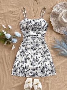 Soleia 女士花卉印花网眼细肩带休闲连衣裙，夏季度假装