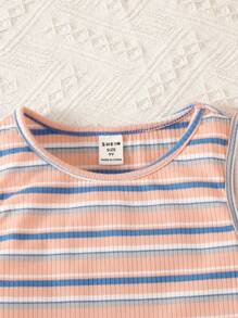 SHEIN Regata casual de férias com gola redonda, de tricô, colorida e listrada, para meninas pré-adolescentes