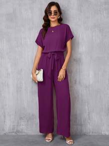 SHEIN Clasi Women's Elegant Round Neck Romper With Belted Waist & Wide Leg Purple - Red Violet - View 4