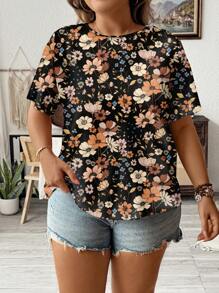 SHEIN LUNE T-shirt à col ras-du-cou ample à manches courtes avec imprimé floral " ditsy " tout-sur-tout, taille grande, adapté pour l'été
