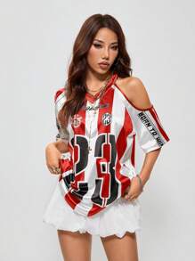 Coolane Women's Summer Y2K Blockcore Sportswear Game Day Striped Number Pattern Off Shoulder Raglan Sleeve V-Neck Jersey T-Shirt,Rave Top