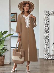 EMERY ROSE Women's Modest Khaki Midi Dress With Contrast Lace And Three-Quarter Sleeves - Khaki - View 4