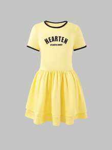 SHEIN Explorewe Tween Girls Casual Contrast Color Letter Print Cake Shaped Summer Sports Dress - Yellow - View 3