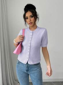 Gloray New Casual Loose Pink Minimalist Button Knitted Pullover Top Women Short Sleeve Sweater - Mauve Purple - View 6