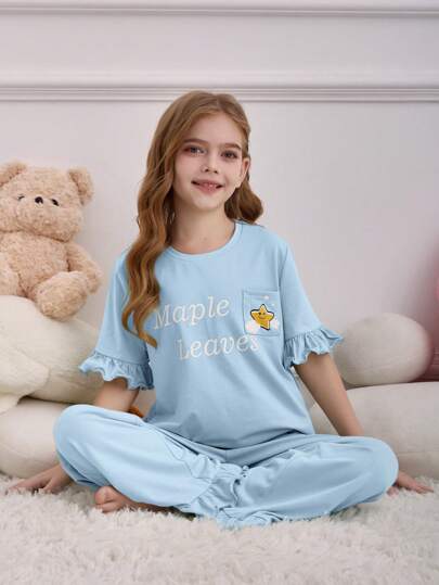 SHEIN Leap Crew 2 件套 Tween 女童字母图案圆领口袋 T 恤和抽绳短裤睡衣套装，休闲舒适