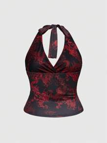 ROMWE Grunge Punk Summer Tops Y2K Retro Sexy Dragon Print Halter Tank Top For Plus Size Women