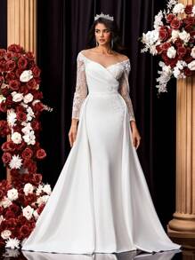 Glamrae Elegant Luxury Embroidered Lace Applique Sheer Long Sleeve Stretch Knit Patchwork Satin Ruched Fishtail Dress, With Detachable Oversized Ruffle, Suitable For Wedding Events, Singles Party, Vacation, Ball, Bridal Gowns, Bride - Beige - View 7