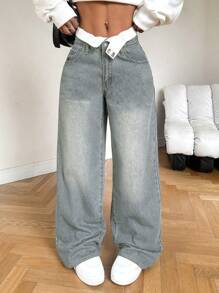 SHEIN Tall 女士牛仔裤低腰直筒裤双腰直筒裤拼接直筒裤高腰女士牛仔裤情人节女士夏季婚礼嘉宾女士宽松牛仔裤 - 淺色水洗藍 - 查看 4