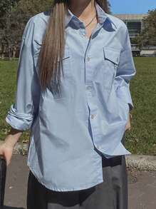 DAZY Women's Minimalist Loose Solid Color Pocket Front Button Casual Shirt Long Sleeve Top - Blue - View 1