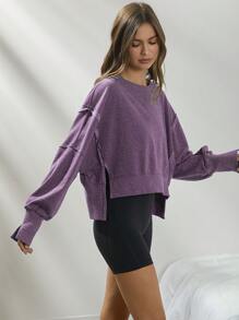WESTFADE Cute Crewneck Split Hem Exposed Seam Boxy Long Sleeve Cropped Cotton Sweatshirt - Purple - View 3