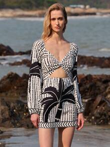 Lumivelle Vestido corto de manga larga con diseño de lunares y palmeras en estilo de vacaciones para mujeres