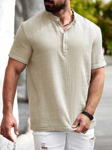 Manfinity Homme Manfinity Nomadique Men's Casual Cotton-Linen Shirt Summer Hengli Collar - Khaki - View 6