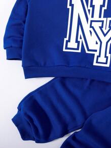 Young Boy Letter Graphic Sweatshirt & Drawstring Waist Sweatpants - Blue - View 4