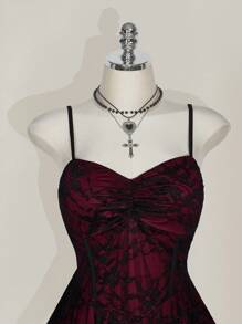 SHEIN ICON Plus Size Square Neck Ruched Lace Color Block Slip Dress, Y2K Party Dress, Halloween, Halloween Costume - Burgundy - View 4