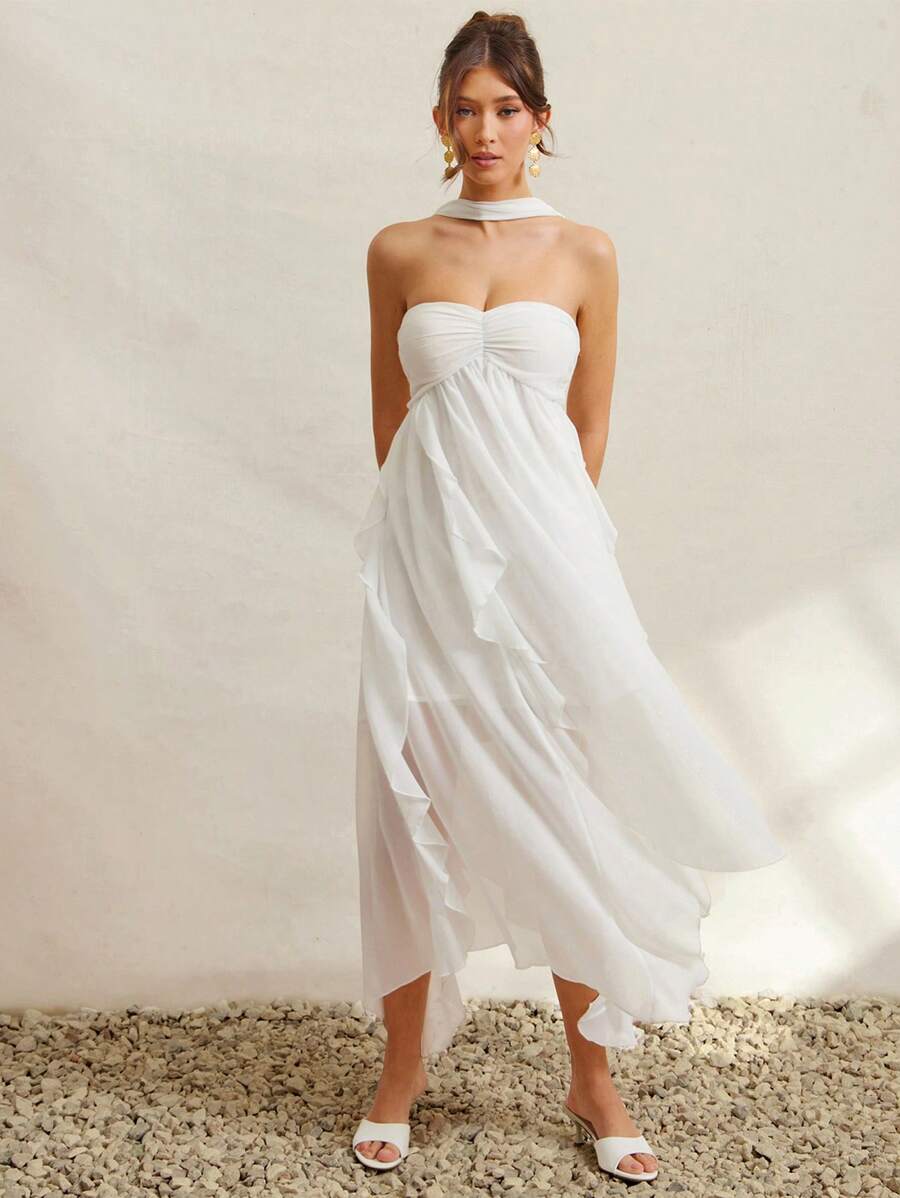 L'Amorae Women's Sexy Strapless Backless Ruffle Hem Maxi Dress - White - View 1