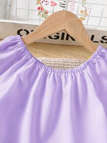2pcs/Set Girls Ruffle Trim Off Shoulder Blouse Top And Pearl Decor Denim Long Pants, Suitable For Daily Wear In Summer - Purple - View 3