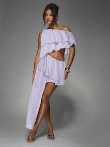MISSGUIDED Off Shoulder Ruffle Mini Dress With Asymmetrical Hem Party Club Evening Wear Tiered Flounce Summer Spring Fashion - Mauve Purple - View 5
