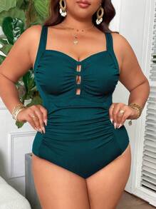 Swim Lushoire Plus Size Women Square Neck Ruched Tummy Control Solid Color Ribbed One-Piece Swimsuit, Simple & Suitable For Everyday Wear For Summer Beach Vacation