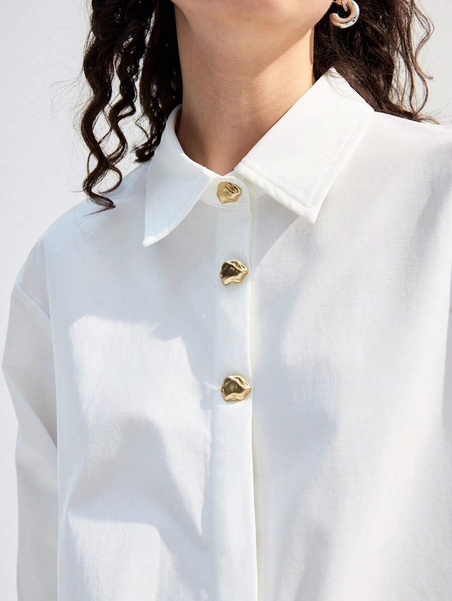 LYSMO 1pc Women Solid Long Sleeve Blouse, Fashionable For Summer - White - View 1