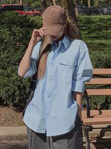 DAZY Women's Minimalist Loose Solid Color Pocket Front Button Casual Shirt Long Sleeve Top - Blue - View 4
