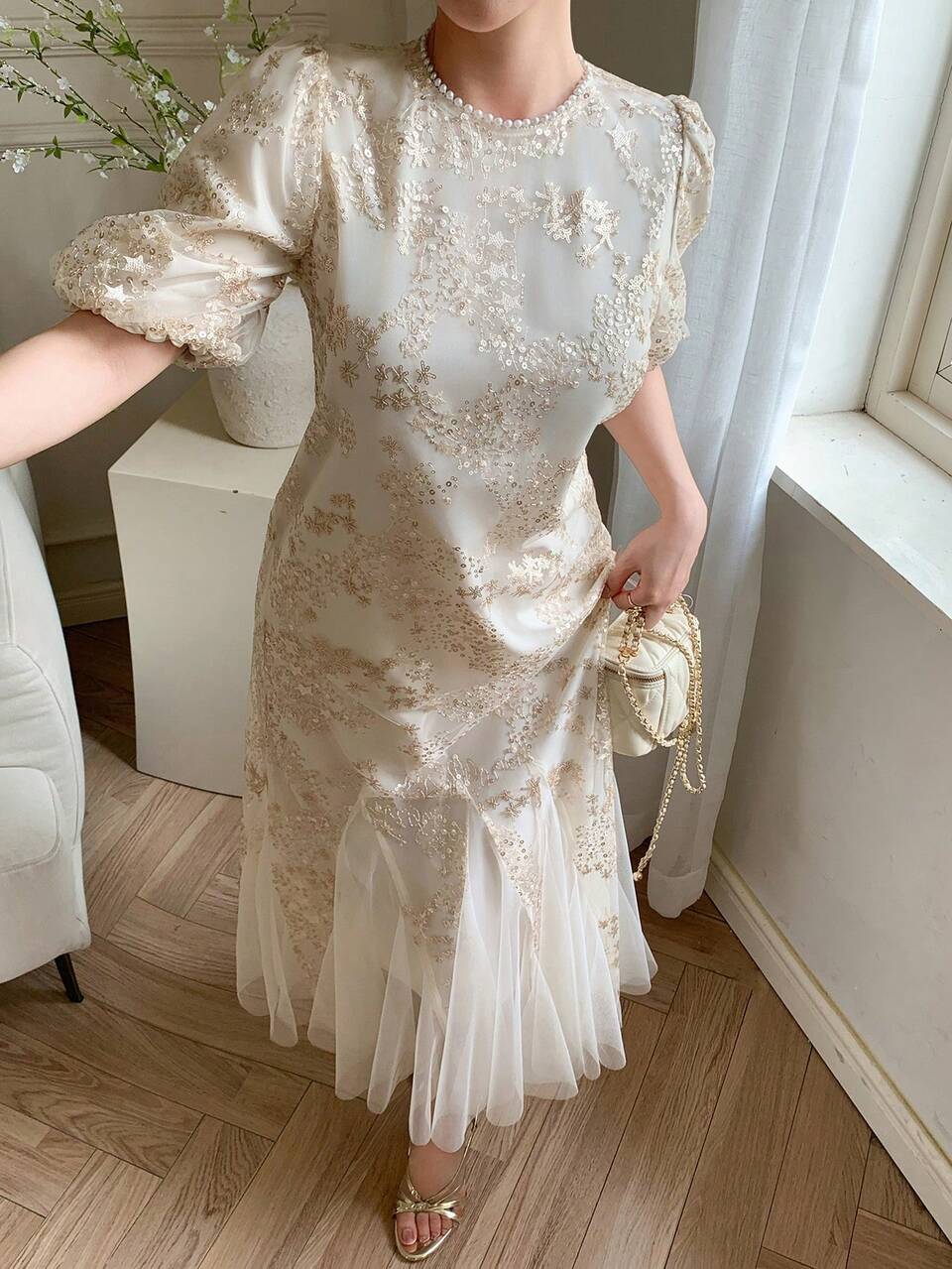 Women's Elegant Summer Wedding Party Sequin Beaded Dress,Off-White Luxury Prom Mermaid Mesh Patchwork Maxi Dress,Sparkly New Years Outfit