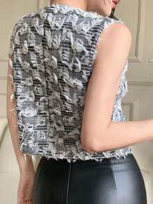 DAZY 女士优雅休闲约会夜无袖流苏仿皮草背心衬衫，夏季 - 黑與白 - 查看 6